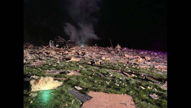 Explosion demolishes Hardyston home; blast heard and felt miles away Photo courtesy of Ryan Keena An explosion demolished a home at 33 Grumm Road in Hardyston Tuesday night.
