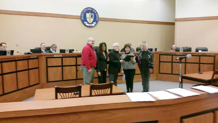 Sparta celebrates League of Women Voters Day (From left to right): LWVSH member Bill Greenlaw, LWVSH Secretary Toni Zimmer, Mayor Jerard Murphy, LWVSH President Litsa Binder, LWVSH Voter Services Director Susan Pironti.