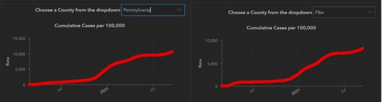 Two Milford eateries close because of Covid outbreaks These graphs from the Pennsylvania Department of health on Sept. 15 show the curve of Pike County cases (right) going up more sharply than cases statewide (left).