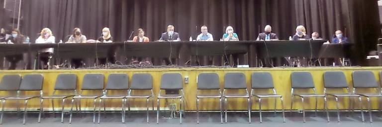 The Delaware Valley School Board, from left: Ashley Zimmerman, solicitor; Dawn Bukaj; Felicia Sheehan; Pat Lutfy; Jessica Decker, vice-president; Jack Fisher, president; Corey Homer; Rosemary Walsh; Dr. John Bell, superintendent; Julie Ewald, recording secretary. (Photo by Frances Ruth Harris)