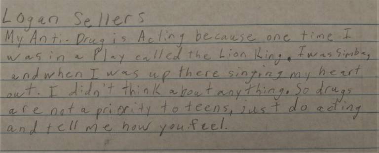 Logan Sellers won a poetry contest for his anti-drug poem that suggests an activity like acting as a method of focusing on something constructive, healthy and fun.