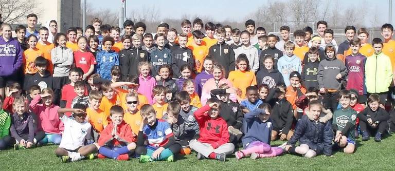 Christian Fuchs announces grassroots sports foundation Young athletes earlier this year at the Fox Soccer Academy Clinic at Hudson Sports Complex in Warwick. Provided photo.