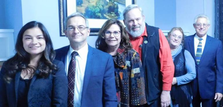 (L-R) Racquel Hiben, Chris Colabella, Freeholder Sylvia Petillo, Sussex County Historical Society president Wayne McCabe, Newton Councilwoman Sandy Diglio, and Mark Gruber at a ribbon-cutting and rededication of Gruber and Colabella's former law office at 49 High St. in Newton on Tuesday, Nov 12, 2019. The building will now be used as an office cooperative with weekly, monthly and yearly rentals available.