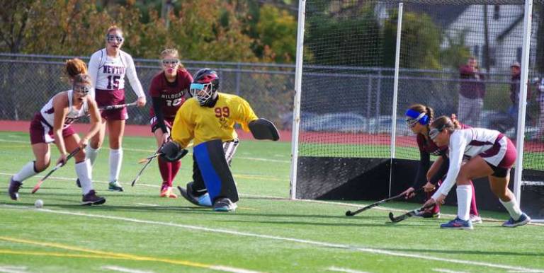 Newton bests Whippany Park in field hockey The Whippany Park goalkeeper leans low to defend.