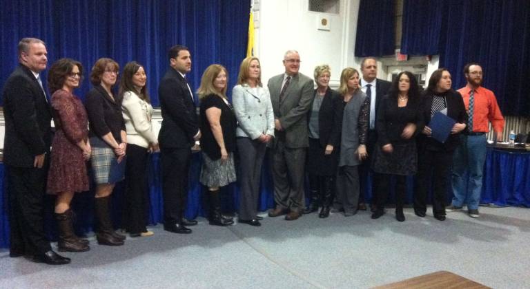 Teachers of the year in Sparta From left to right:Peter Miller, Alpine School Vice Principal; Lisa Marie Pugliese, Alpine Teacher; Virginia Krieg, Special Services Teacher; Jane Esposito, Psychologist; Joe Leone, Alpine School Principal; Suzanne Smith, Mohawk Avenue School Teacher; Laura Trent, Mohawk Avenue School Principal; Michael Rossi, Superintendent; Janet Ferraro, Sparta High School Principal; Danielle Hamblin, Director of Special Services; Brad Davis, Sparta Middle School Vice Principal; Laura Sofen, Sparta Middle School Teacher; Dana Smulewicz, Helen Morgan School Teacher; Brent Rivers, Sparta High School Teacher.