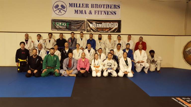 Martial artists advance Members of Miller brothers Mixed Martial Arts & Fitness. Back row, from left: Sean Licata, Nick Bayconich, Abdel Escalante, Bachar Balkar, Ken Powell, Tyler Bayer, John Morgan, Frank Wallace, Mike Koslowsky, Jon Finocchiaro, Tom Kelly, Professor Jim Miller. Middle row, frfom left: Alex Thebold, Fred Hooey, Coach Mike Pagano, Coach Moe Johnson, Elias Frieling, Bobby Ingram, Josh Wagner, Bill O'Brien, Greg Frey, Cristian Santos, Zach Briggs, Christian Campbell. Front row, from left: Coach Preston Gagg, Coach Jim Fitzpatrick, Professor Dan Miller, Professor Sean Santella, Brooke Fahey, Joe Tizzano, Sorkristal Alequin.