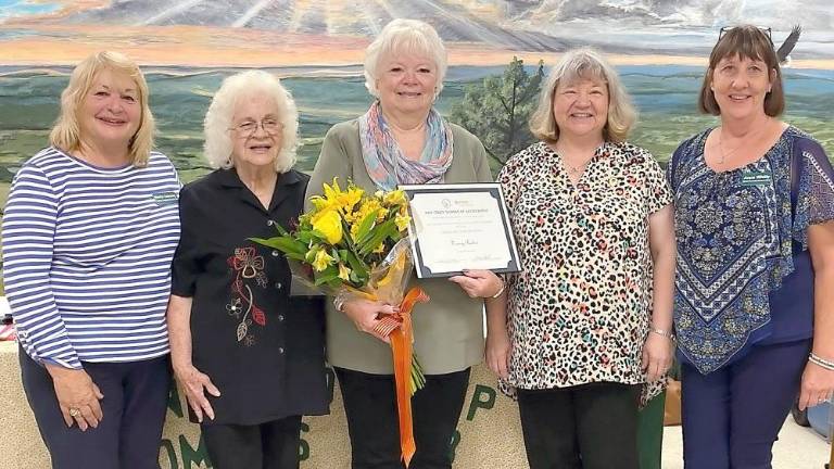 Vernoy Paolini honored with NJ Women of Achievement Award After being nominated by the Vernon Township Woman’s Club, Vernoy Paolini (center) receives the prestigious New Jersey Women of Achievement Award from the New Jersey State Federation of Women’s Clubs. Congratulating her are (from left) Vernon Township Woman’s Club President Maria Dorsey, Vernon Township Woman’s Club member Maureen Blandino, New Jersey State Federation of Women’s Clubs Highlands District Vice President Nancy Levy, and Vernon Township Woman’s Club First Vice President Anne Whitty. (Photo by Lisa Mills)