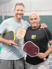 Matt Martinka and Craig Gianinno win the Sparta Education Foundation’s inaugural ‘Battle of the Paddle’ pickleball tournament May 30 at the Sparta Athletic Campus. (Photos by Aidan Mastandrea)