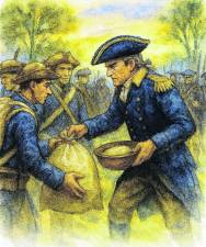 <b>“An illustration of Major Thomas Armstrong distributing provisions to the Continental Army.” </b>
