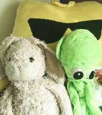 &quot; Bunny&quot; and &quot;Squiddy&quot; are all prepared for the Stuffed Animal Sleepover Photo by laurie Gordon