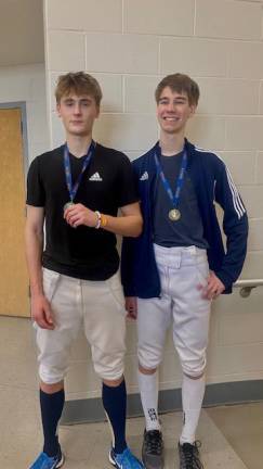 From left, Allen Trudnos of Pope John wins the silver medal and Gibson Lucas of Montclair takes the gold in saber at the 2023 NJSIAA Individual Fencing Championship. (Photo provided)