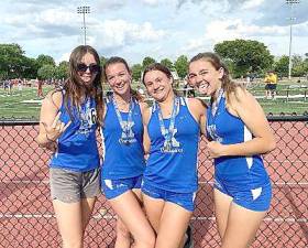 The Kittatinny Regional High School girls’ 4-x-100-meter team takes silver to advance to Group Championships and breaks school record. From left to right: Maddie Beyer, Sophia Molfetto, Ashley Gordon and Paige Hull.