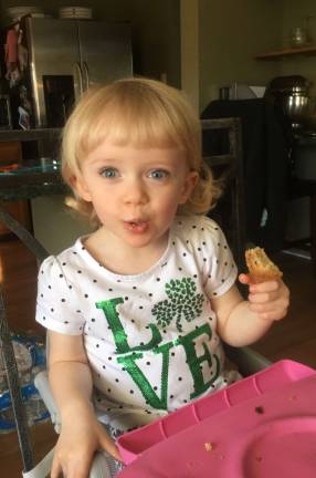 Hailey (2.5 years old) is enjoying her Irish soda bread on St. Patrick’s Day!