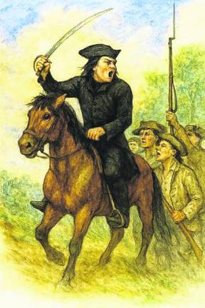 <b>An illustration of Major Meeker as he rides on horseback and hails men to follow him. Militiamen note his enthusiasm and gather to respond to his call.</b>