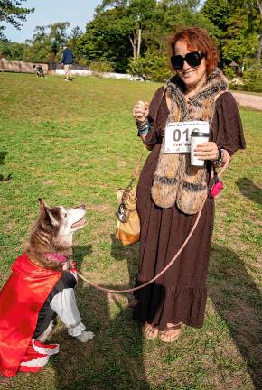 Erica Waltner with Psyche. They are dressed as Little Red Riding Hood and the wolf.