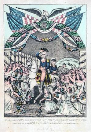 <b>These postcard shows the reception of George Washington as he crosses the Trenton Bridge.</b>