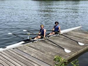 Pope John senior Christian Marlin, right, and sophomore Andrew Wilson finished third in the double scull category in the Philadelphia City Championships on May 6-7.