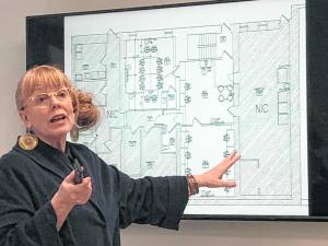 Dianna Morrison, director of Pathways 2 Prosperity at Norwescap, shows plans for the new Center for Entrepreneurship, which will be created in the basement of Norwescap’s building at 37 Main St., Sussex. (Photos by Kathy Shwiff)