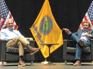 Jack Ciattarelli, left, a Republican candidate for governor, answers questions from moderator Rich Zeoli on Saturday, May 3 at Sussex County Community College. (Photos by Kathy Shwiff)