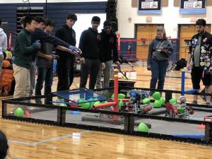 Students control their robots during a match at the VEX Regional Robotics Competition on Saturday, Jan. 13 at Sparta High School. (Photo by Kathy Shwiff)