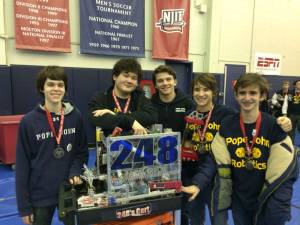 Members of FTC Team 248 are, from left: junior Clint Roe, Hamburg; senior Tianyu ‘Robin’ Zuo, Andover; and sophomores Keith Johnson and David Lubertazzo, Sparta, and David Dietz, Lafayette.