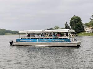 The Lake Hopatcong Foundation Floating Classroom, a forty-foot, covered catamaran pontoon boat that serves as an interactive learning center on Lake Hopatcong.