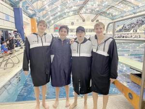 The Sussex County YMCA swim team’s 15-18 Boys 200 freestyle relay team will compete at the YMCA Short Course national meet in Greensboro, N.C., in April. From left are Henry Bysshe of Sparta, Jacob Panzarella of Ogdensburg, JJ Kane of Sparta and John Postma of Branchville.