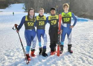 Seniors on the Sparta High School ski team, from left, are Elizabeth Flint, James Kressman, Kanna Pasunuri and Gabe Harrison. (Photo by Coach Rodney Calafati)