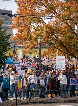An estimated 600 people came to Newton for Saturday’s “No Kings” rally.