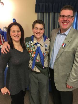 Eagle Scout Brendan Karolchyk (center) of Troop 81, poses with his mother, Doreen Bedell, and his father, Scott Karolchyk, at his Eagle Court of Honor on January 8, at Harmony Lodge No. 8 in Andover Township.