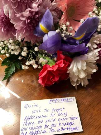 Flowers and a note of gratitude from the Hellers to Monica Transier.