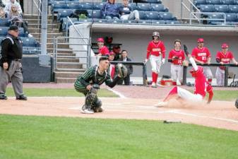 After catching the ball, Sussex Tech catcher Carter Stewart-Estler is unable to make the tag before Belvidere runner Mason Pantophlet crosses home plate to score in the first inning Saturday, April 27. Belvidere won, 7-3, in Sparta. (Photos by George Leroy Hunter)