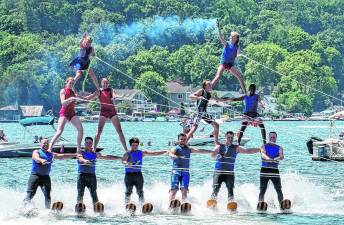 The Ski Hawks perform a double pyramid.