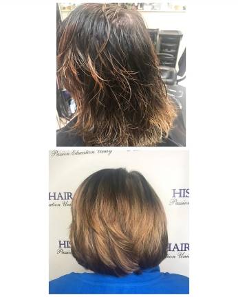 Before-and-after quarantine photos of a client at His n' Hair in Newton, N.J.