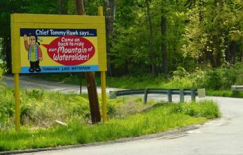 A sign at Seneca Lake Road and Tomahawk Trail, at the border of Sparta and Byram, thanks patrons for visiting the Tomahawk Lake waterpark, which sits in Byram Township, but whose proximity to Sparta Township has caused Spartans to be unhappy about the noise and traffic that the waterpark generates.