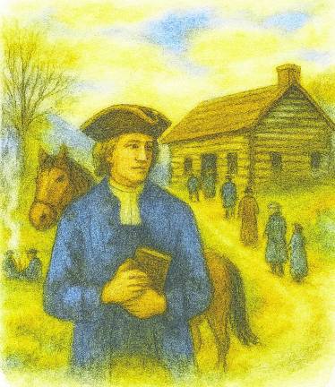 <b>An illustration of Pastor Constant Hart with the Baptists of Wantage and Hardyston coming to a log meeting house. He is shown with a horse, as clergy in the wilderness were often itinerant—traveling from village to village to deliver their sermons.</b>