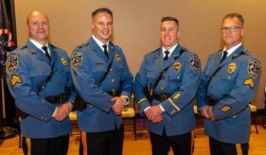 From left, Sparta police Sgt. Brian Hassloch, Lt. Adam Carbery, Chief Jeffrey McCarrick and Sgt. Richard Smith were promoted to those ranks during a ceremony Thursday, March 9. (Photos provided)