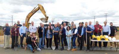Mohawk House proprietors Steve and Rachael Scro are surrounded by friends, family, local officials and business associates as they break ground for their new restaurant, Modern Farmer, located at the new North Village on Rt.15, on Tuesday, Sept. 24, 2019.