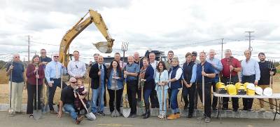 Mohawk House proprietors Steve and Rachael Scro are surrounded by friends, family, local dignitaries and business associates as they break ground for their new restaurant, Modern Farmer, located at the new North Village on Rt.15, on Tuesday, Sept. 24, 2019.