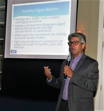 Dr. Stephen Souza addresses about 300 people during a public forum on HABs at the Lake Mohawk Country Club Aug. 20. (Photo by Charles Kim)
