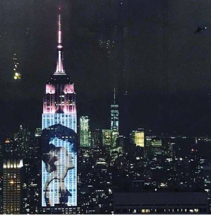 This image, of the actress Sarah Jessica Parker wearing Ellen Christine's creation Inkwell, which first appeared on the cover of Harper's Bazaar, was projected on the Empire State Building in celebrating Harpers Magazine's 150th anniversary.
