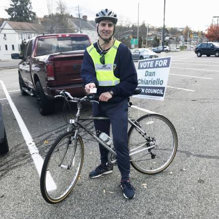 Dan Chiariello rides his bike to get the word out that he's running for Sparta Township Council. He's hoping for various viewpoints to be represented on the council, and making the case for enhanced transparency, and comprehensive outreach to residents.