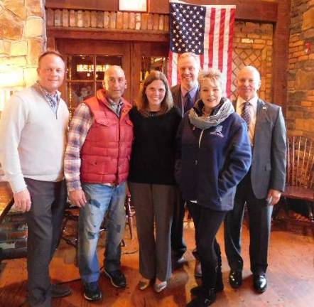 (L-R) Sparta Police Chief Neil Spidaletto, Mohawk House owner Steve Scro, SCLoM Secretary Debra Millikin, Sparta Township Prosecutor Jonathan McMeen, SCLoM President Christine Quinn, and SCLoM Treasurer Tom Ferry at the Mohawk House on Thursday, Oct. 18, 2018. 