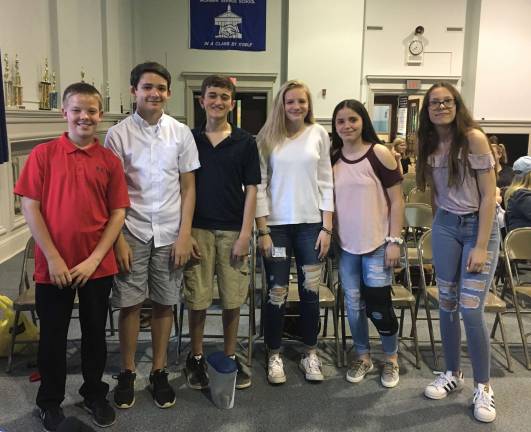 SMS 8th Graders, from left: Nate Miller, Mason Maher, Andrew Daghlian, Hayley Ouimette, Liv Romano and Jenna Eltorky