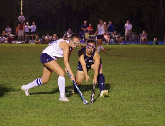 A Sparta Spartan and a Pope John Lion use their sticks to reach for the ball in the first period.