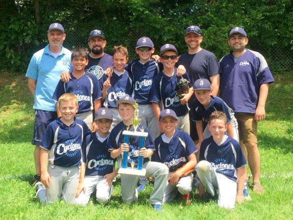 The champion Cyclones. Front row, from left: Henri Coleman, Evan Breitfeller, David Baker, Drew Young and Tim Mulvaney.Standing, from left: Coach Brian Stefancik, JC Langerapp, Coach Ed Giannantonio, Adam Stefancik, Garrett Wikander, Greg Marino, Coach Steve Coleman, Nolan Giannantonio, and Coach Evan Young.