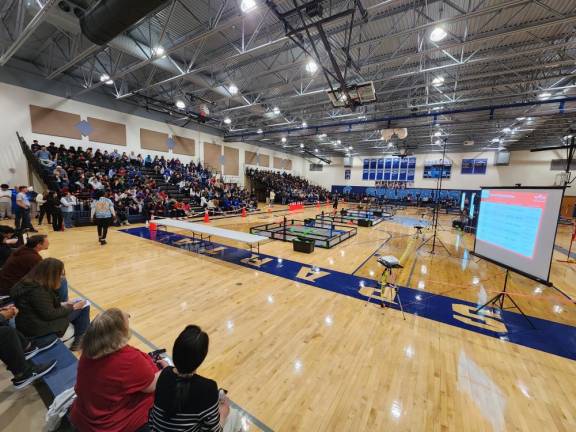 Participants in the VEX Regional Robotics Competition on Saturday, Jan. 13 at Sparta High School gather in the gym.