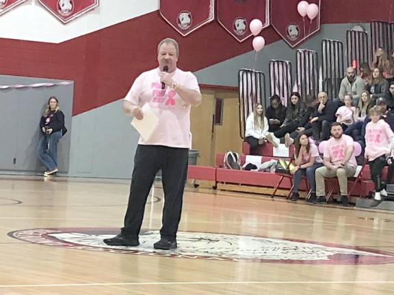 Wallkill Valley girls basketball coach Earl Hornyak mentions his own fight with prostate cancer during the game.