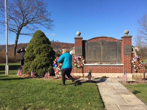 Civic groups placed wreaths at the memorial in front of Sparta VFW Post 7248 during well-attended ceremony at 11 am on Nov. 11, 2018.