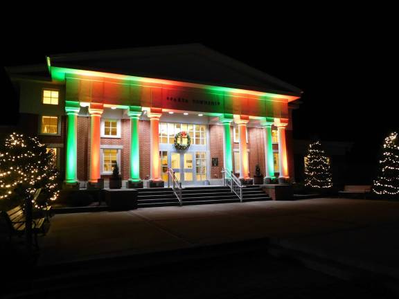 The stately columns of the Sparta Township municipal building are illuminated for the holilday season.